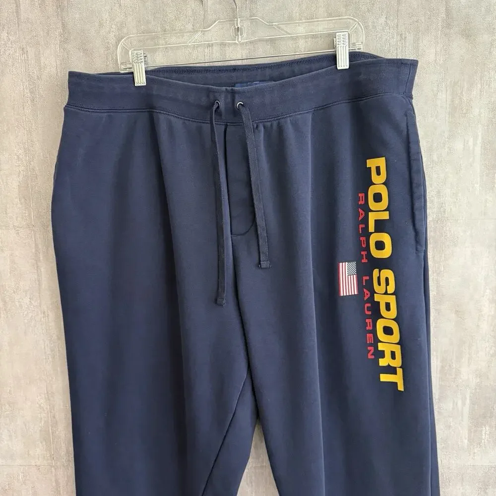 Polo Sport Ralph Lauren Jogger Pants Mens 2XB 40x28 Navy Yellow USA Flag Fleece - Picture 6 of 15